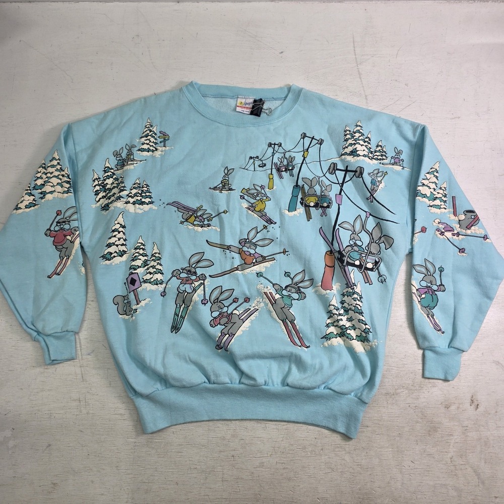 Vintage Lifestyles '87 AOP Snow Resort Ski Bunnies Puff Print Sweatshirt Blue OS